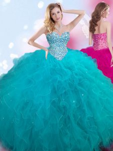 Floor Length Ball Gowns Sleeveless Teal Sweet 16 Dresses Lace Up