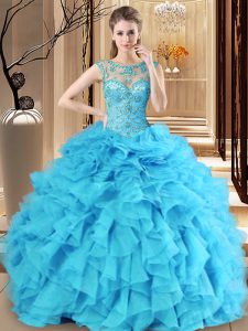 Scoop Floor Length Lace Up Quinceanera Gowns Baby Blue for Military Ball and Sweet 16 and Quinceanera with Beading and Ruffles