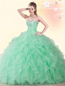 Apple Green Ball Gowns Beading 15th Birthday Dress Lace Up Organza Sleeveless Floor Length