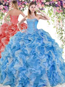 Sexy Blue And White Lace Up Sweetheart Beading and Ruffles Sweet 16 Quinceanera Dress Organza Sleeveless