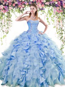 Custom Design Blue Ball Gowns Organza and Taffeta Sweetheart Sleeveless Beading and Ruffles Floor Length Lace Up Sweet 16 Dress