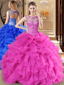 Scoop Floor Length Lace Up Quince Ball Gowns Hot Pink for Military Ball and Sweet 16 and Quinceanera with Beading and Ruffles