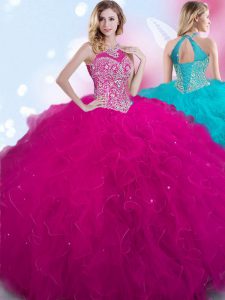 Unique Halter Top Fuchsia Ball Gowns Beading Sweet 16 Quinceanera Dress Lace Up Tulle Sleeveless Floor Length