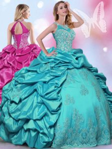 Halter Top Pick Ups Teal Sleeveless Taffeta Lace Up Vestidos de Quinceanera for Military Ball and Sweet 16 and Quinceanera