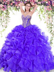 Exquisite Sweetheart Sleeveless Quinceanera Dress Sweep Train Beading and Ruffles Purple Organza