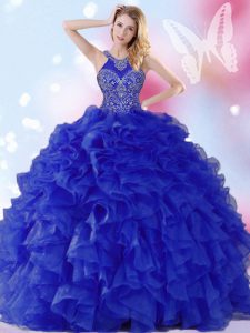 Decent Royal Blue Quince Ball Gowns Military Ball and Sweet 16 and Quinceanera and For with Beading and Ruffles Halter Top Sleeveless Lace Up