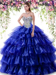 Royal Blue Lace Up Quinceanera Gown Beading and Ruffled Layers Sleeveless Floor Length