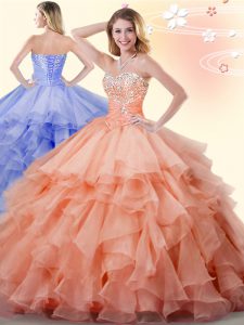 Captivating Sleeveless Organza Floor Length Lace Up 15th Birthday Dress in Orange with Beading and Ruffles
