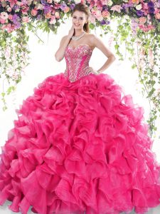 Elegant Hot Pink Quince Ball Gowns Sweetheart Sleeveless Sweep Train Lace Up