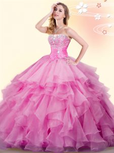 Glorious Rose Pink Sleeveless Beading and Ruffles Floor Length Quinceanera Gown