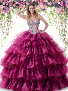 Adorable Ruffled Ball Gowns Quinceanera Dress Fuchsia Sweetheart Organza Sleeveless Floor Length Lace Up