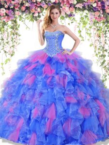 Best Floor Length Lace Up Ball Gown Prom Dress Multi-color for Military Ball and Sweet 16 and Quinceanera with Beading and Ruffles