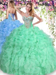 Low Price Apple Green Sleeveless Organza Lace Up Quince Ball Gowns for Military Ball and Sweet 16 and Quinceanera