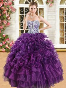 Glamorous Ruffled Floor Length Purple Quinceanera Gown Sweetheart Sleeveless Lace Up