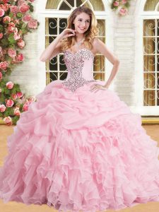 Shining Floor Length Baby Pink Quinceanera Dresses Organza Sleeveless Appliques and Ruffles and Pick Ups