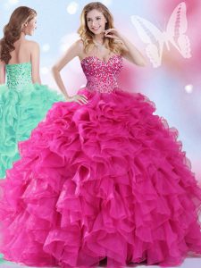 Elegant Hot Pink Organza Lace Up Quinceanera Dress Sleeveless Floor Length Beading and Ruffles