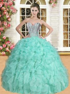 Attractive Floor Length Lace Up Quinceanera Gown Apple Green for Military Ball and Sweet 16 and Quinceanera with Beading and Ruffles