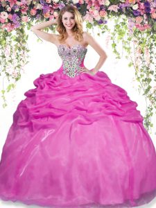 New Arrival Hot Pink Lace Up Sweetheart Beading and Pick Ups Sweet 16 Dresses Organza Sleeveless