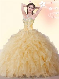 Unique Gold Organza Lace Up Sweetheart Sleeveless Floor Length 15 Quinceanera Dress Beading and Ruffles