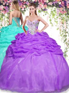 Eggplant Purple Organza Lace Up 15th Birthday Dress Sleeveless Floor Length Beading and Pick Ups