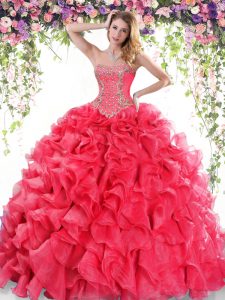 Exquisite Red Ball Gowns Beading and Ruffles Vestidos de Quinceanera Lace Up Organza Sleeveless