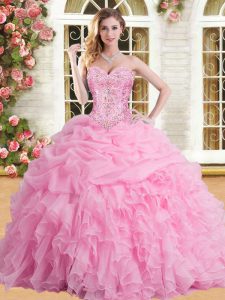 Rose Pink Quinceanera Gowns Military Ball and Sweet 16 and Quinceanera and For with Appliques and Ruffles and Pick Ups Sweetheart Sleeveless Lace Up