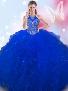 Latest Halter Top Royal Blue Tulle Lace Up Vestidos de Quinceanera Sleeveless Beading