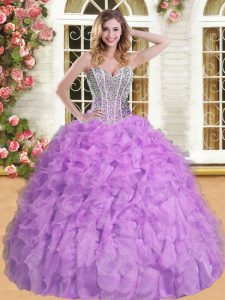 Lavender 15th Birthday Dress Military Ball and Sweet 16 and Quinceanera and For with Beading and Ruffles Sweetheart Sleeveless Lace Up