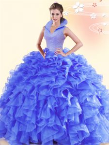 Purple High-neck Neckline Beading and Ruffles Quinceanera Gowns Sleeveless Backless