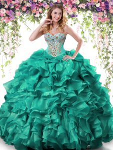 Shining Turquoise Organza Lace Up Sweetheart Sleeveless Floor Length Sweet 16 Dress Beading and Ruffles