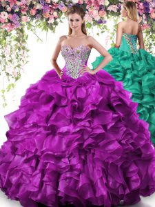 Custom Fit Purple Ball Gowns Organza Sweetheart Sleeveless Beading and Ruffles Floor Length Lace Up Quinceanera Dress