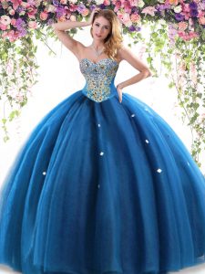 Simple Beading 15 Quinceanera Dress Blue Lace Up Sleeveless Floor Length