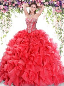 Organza Sweetheart Sleeveless Sweep Train Lace Up Beading and Ruffles Sweet 16 Dresses in Red