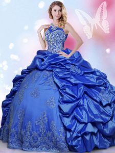 Halter Top Sleeveless Floor Length Beading and Lace and Appliques and Pick Ups Lace Up Sweet 16 Dress with Blue