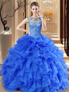 Artistic Scoop Royal Blue Ball Gowns Beading and Ruffles Sweet 16 Dresses Lace Up Organza Sleeveless Floor Length