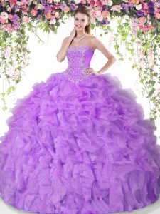 Lilac Sweetheart Lace Up Beading and Ruffles Quinceanera Gown Sleeveless