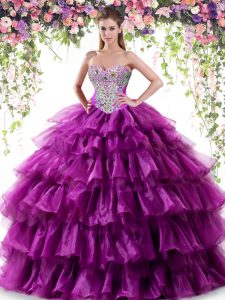 Custom Designed Purple Sleeveless Floor Length Beading and Ruffled Layers Lace Up Sweet 16 Dresses