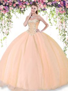 Peach Ball Gowns Sweetheart Sleeveless Tulle Floor Length Lace Up Beading Quince Ball Gowns