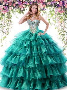 Green Ball Gowns Organza Sweetheart Sleeveless Beading and Ruffled Layers Floor Length Lace Up Quinceanera Dresses
