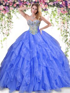 Blue Sleeveless Floor Length Beading and Ruffles Lace Up Quinceanera Gown