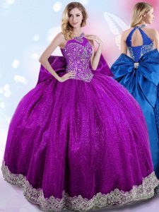 Super Eggplant Purple Ball Gowns Taffeta Halter Top Sleeveless Beading and Bowknot Floor Length Lace Up Sweet 16 Quinceanera Dress