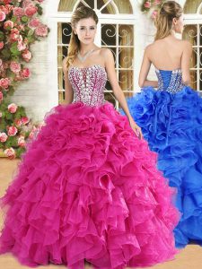 Traditional Lace and Ruffles 15th Birthday Dress Hot Pink Lace Up Sleeveless Floor Length
