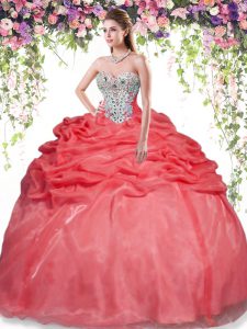 Free and Easy Red Lace Up Sweetheart Beading and Pick Ups Quince Ball Gowns Organza Sleeveless