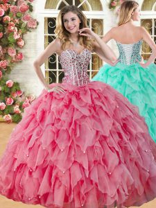 Floor Length Coral Red Sweet 16 Quinceanera Dress Organza Sleeveless Beading and Ruffles