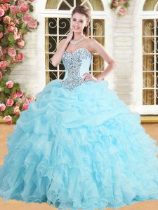 Hot Selling Baby Blue Lace Up 15 Quinceanera Dress Appliques and Ruffles and Pick Ups Sleeveless Floor Length