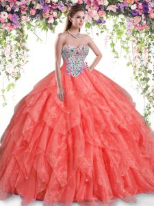 Orange Red Lace Up Quinceanera Gown Beading and Ruffles Sleeveless Floor Length