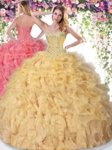 Customized Sweetheart Sleeveless Lace Up Sweet 16 Quinceanera Dress Gold Organza