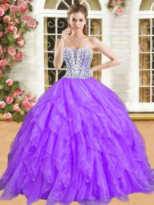 Enchanting Purple Lace Up Ball Gown Prom Dress Beading and Ruffles Sleeveless Floor Length