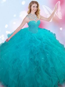 Popular Floor Length Ball Gowns Sleeveless Teal Quinceanera Gowns Lace Up