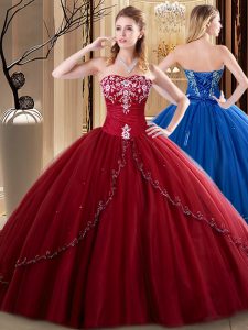 High Class Ball Gowns Quinceanera Dresses Wine Red Sweetheart Tulle Sleeveless Floor Length Lace Up